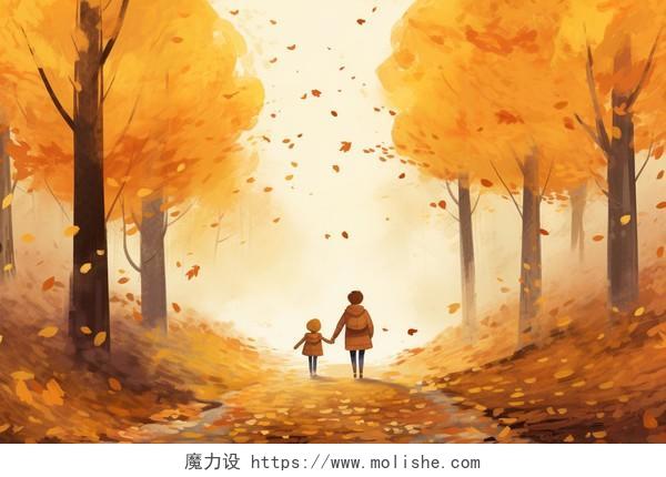 两个人走在覆盖着金色树叶的森林里水彩卡通AI插画秋天立秋枫叶唯美风景